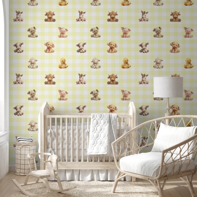 Farm Animals Toys Yellow Plaid Baby Nursery  Wallpaper (Kids)