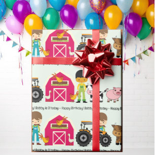 Farm Animals Tractor Add Child's Name Age Wrapping Paper