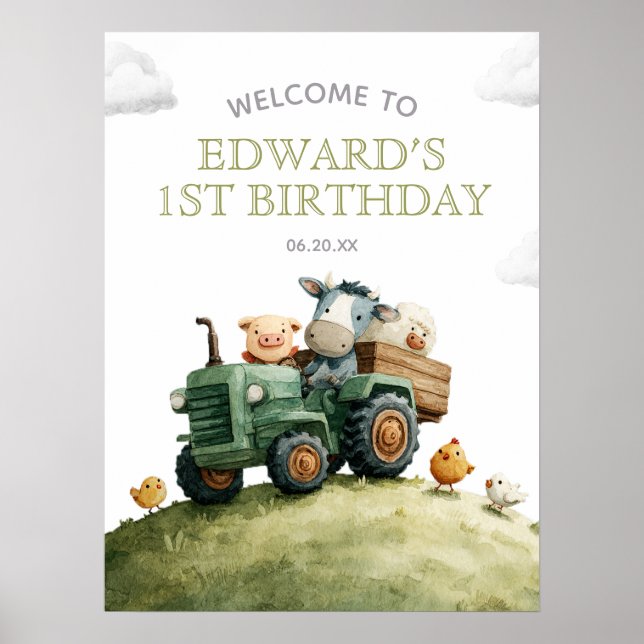 Farm Animals Tractor Birthday Welcome Sign (Front)