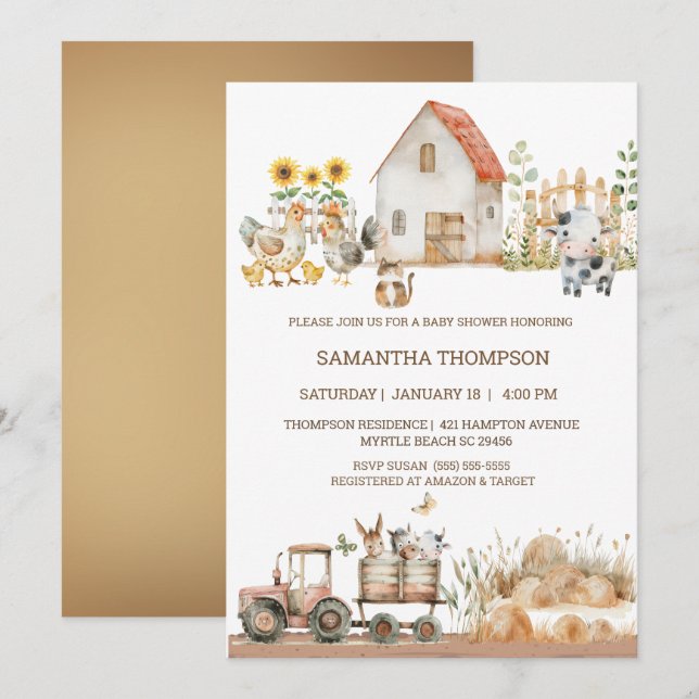Farm Animals Tractor Boys Baby Shower Invitation (Front/Back)
