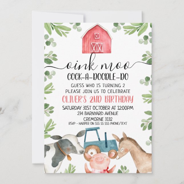 Farm Animals Tractor Foliage 2nd Birthday Invitation (Front)