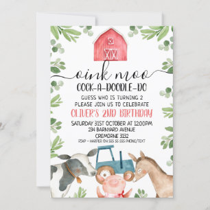 Farm Animals Tractor Foliage 2nd Birthday Invitation