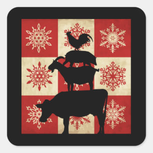 Farm Animals Vintage Country Snowflake Winter Square Sticker