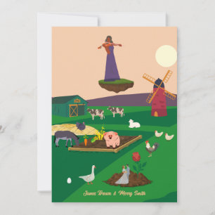 Farm Animals Violin Rose Couple Goose Wedding  Invitation