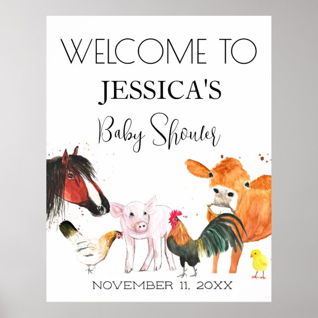Farm Animals Watercolor Baby Shower Welcome Sign (Front)