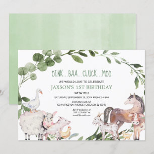 Farm animals watercolor barnyard boy birthday invitation