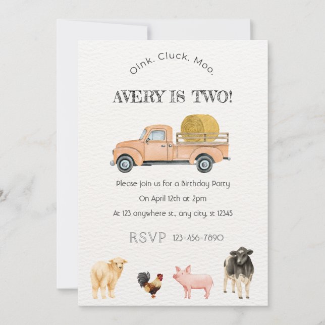 Farm Animals Watercolor Birthday Party Invitation (Front)