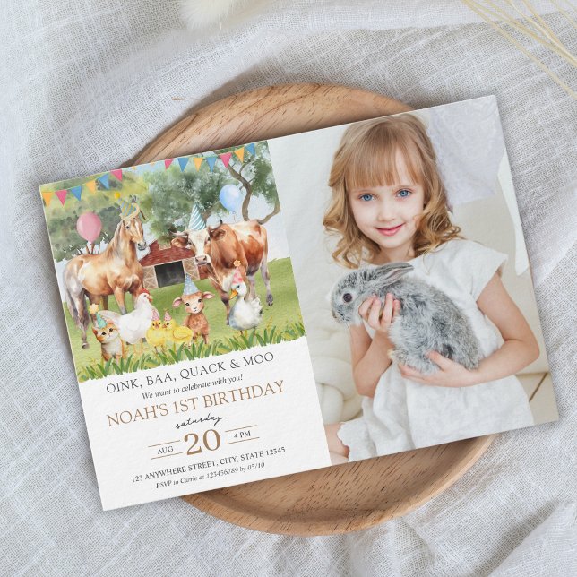 Farm Animals Watercolor Birthday Party Photo Invitation (Farm animals Photo Birthday Invitation)