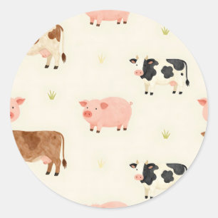 Farm Animals Watercolor Cute Pattern Classic Round Sticker