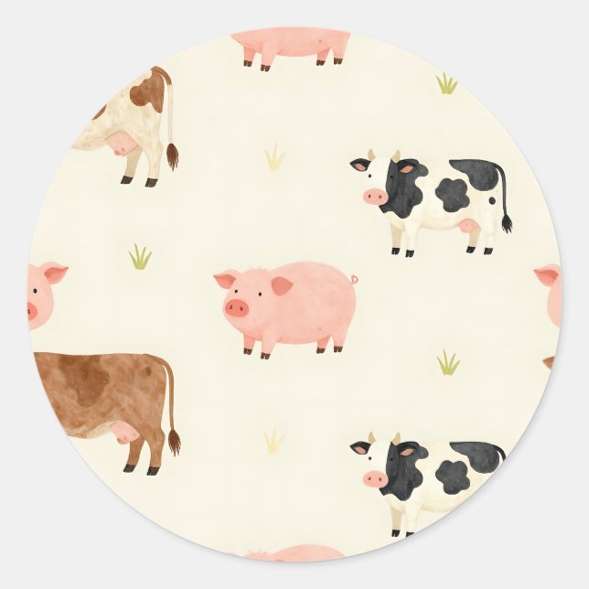 Farm Animals Watercolor Cute Pattern Classic Round Sticker (Front)