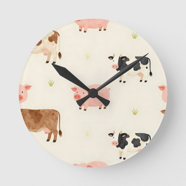 Farm Animals Watercolor Cute Pattern Round Clock (Front)