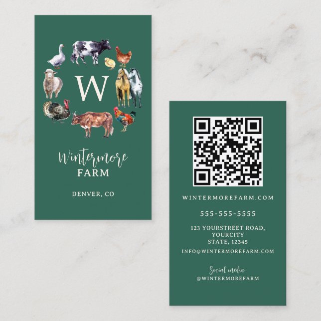 Farm animals watercolor farm business green business card (Front/Back)