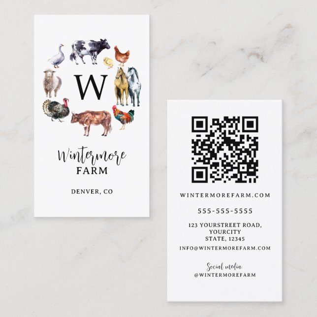 Farm animals watercolor farm business white business card (Front/Back)