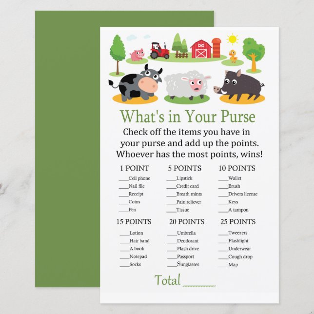 Farm animals What's in your purse game (Front/Back)
