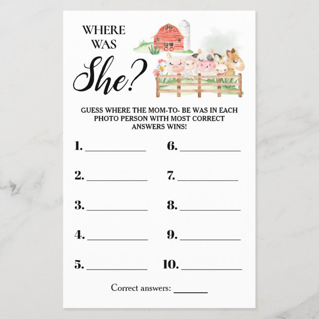 Farm Animals Where was Mom Baby Shower Game Card (Front)