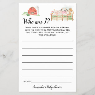 Farm Animals Who am I Baby Shower Game Card