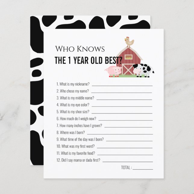 Farm Animals Who Knows 1yo Best 1st Birthday Game (Front/Back)