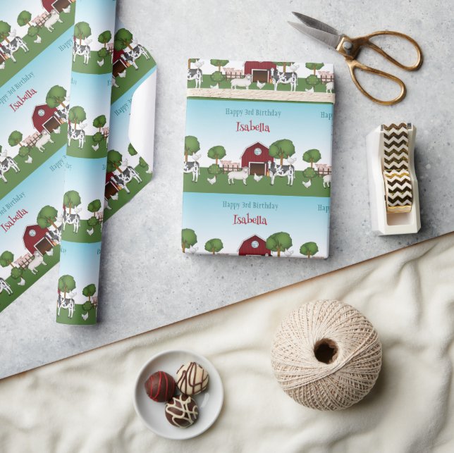 Farm Animals With Red Barn Blue Sky Happy Birthday Wrapping Paper (Crafts)