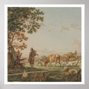 Farm Animals with two shepherds Vintage Painting Poster