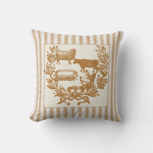 Farm Animals with Wreath on Brown Ticking Cushion (Front)