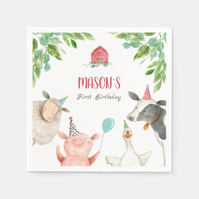 Farm Animals Zoo Boy Birthday Barnyard Greenery Napkin (Front)