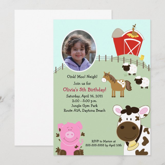 Farm Babies Barnyard *PHOTO* Birthday 5x7 Invitation (Front/Back)