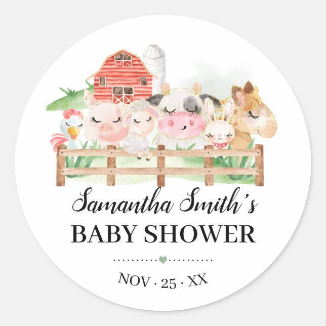 Farm Baby Animal Baby Shower Classic Round Sticker (Front)