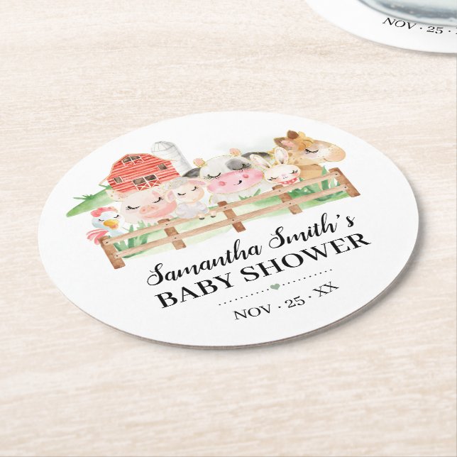 Farm Baby Animals Baby Shower Round Paper Coaster (Angled)