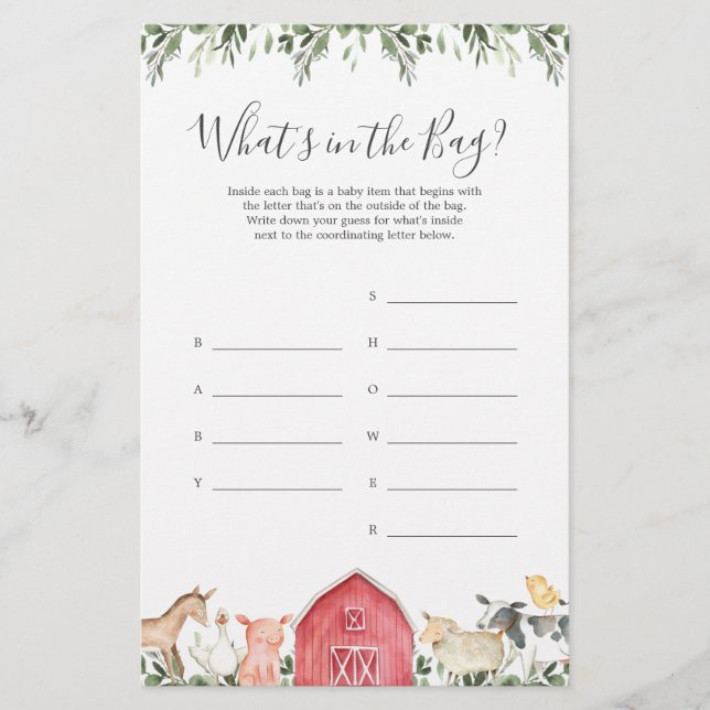 Farm Baby Shower Guess What's in the Bag Game (Front)