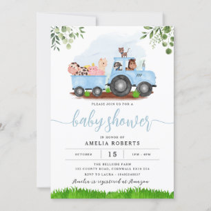 Farm Baby Shower invitation, Blue Tractor Invite