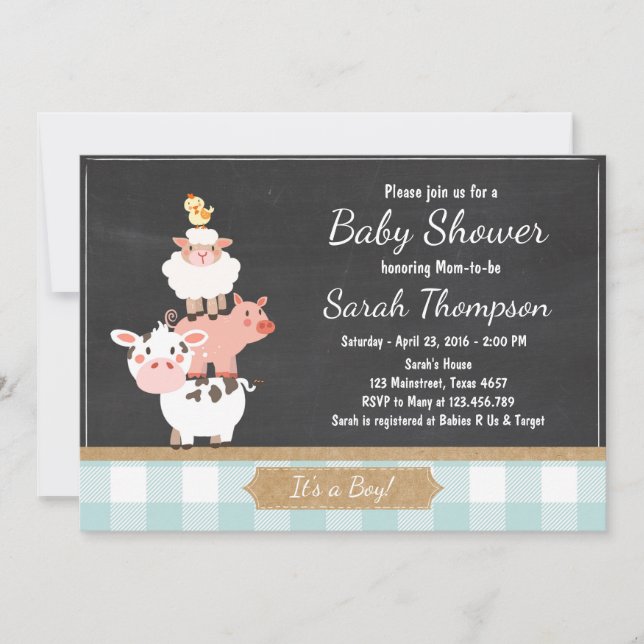 Farm Baby Shower invitation Country Baby Boy Blue (Front)