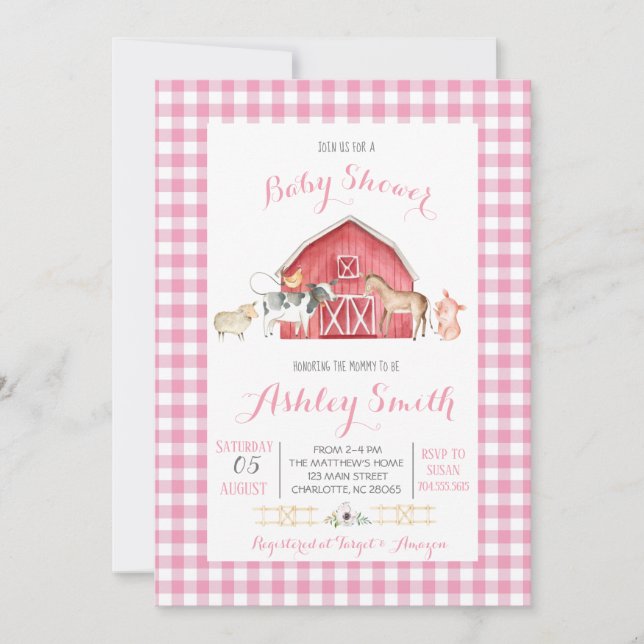 farm baby shower invitation pink girl (Front)