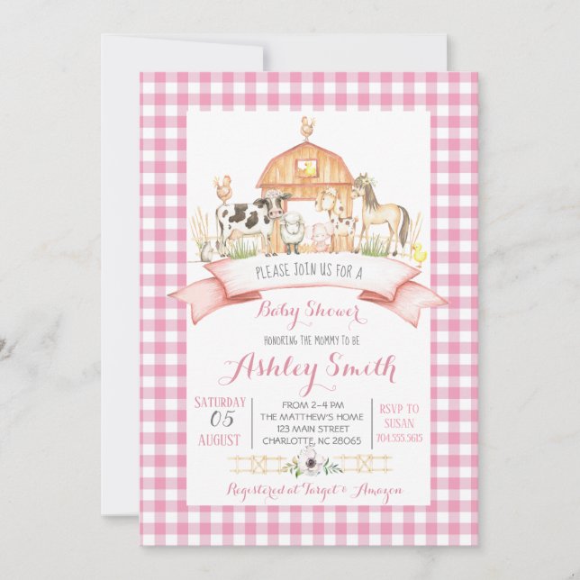 farm baby shower invitation pink girl (Front)