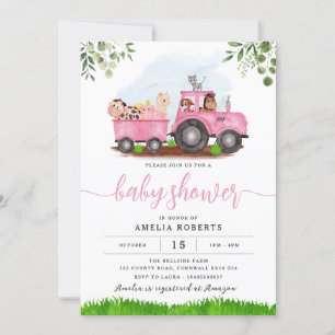 Farm Baby Shower invitation, Pink Tractor Invite