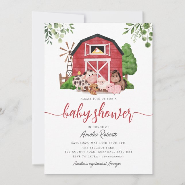 Farm Baby Shower invitation, Red Barn Invite (Front)