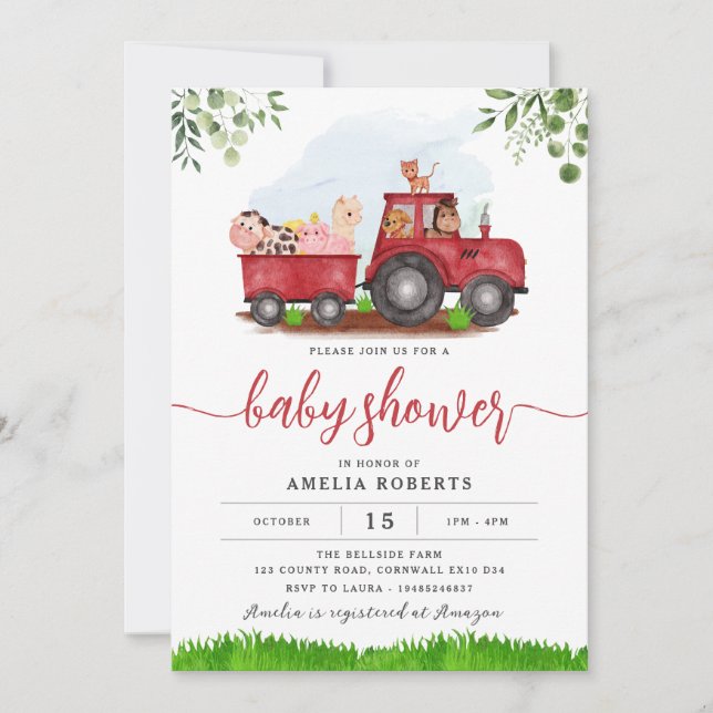 Farm Baby Shower invitation, Red Tractor Invite (Front)