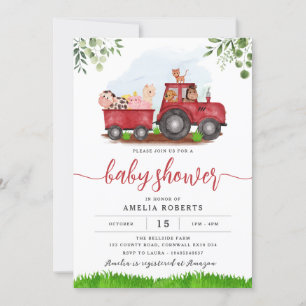 Farm Baby Shower invitation, Red Tractor Invite