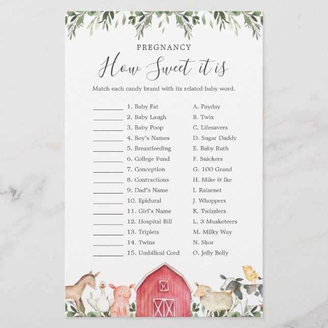 Farm Baby Shower Pregnancy How Sweet It Is Game (Front)