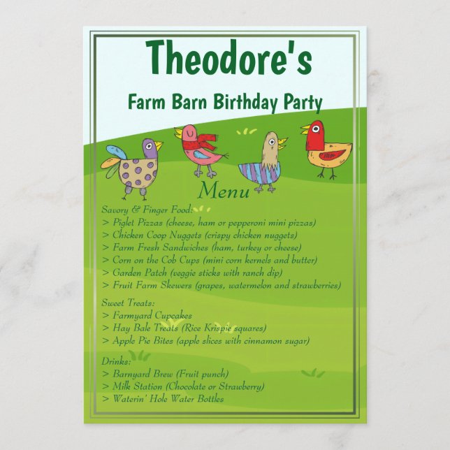 Farm Barn Birthday Party Menu (Front)