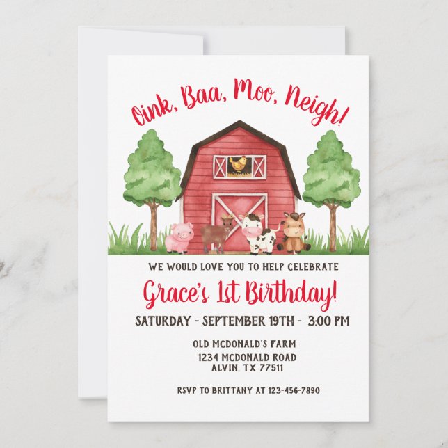 Farm Barnyard 1st Birthday Invitation (Front)