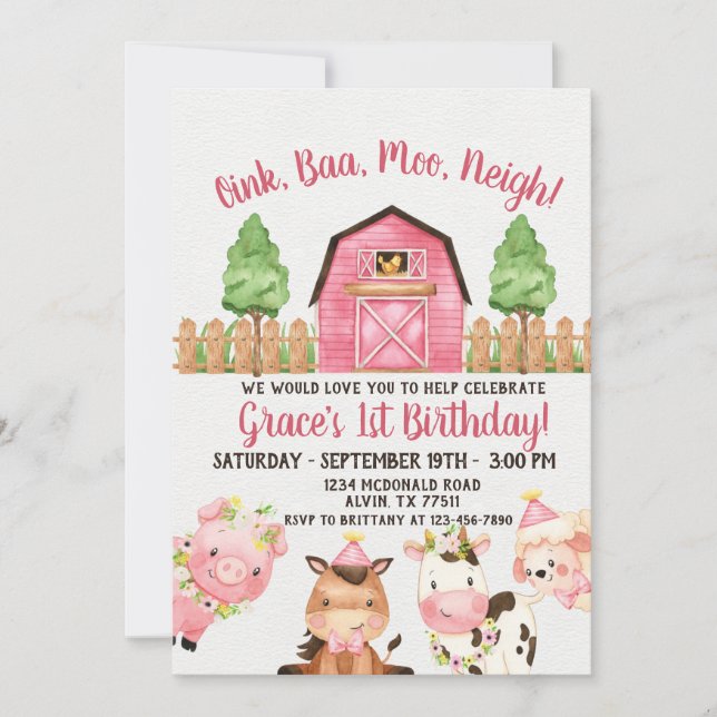 Farm Barnyard 1st Birthday Invitation (Front)