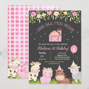 Farm Barnyard 1st Birthday Party Invitations Girl