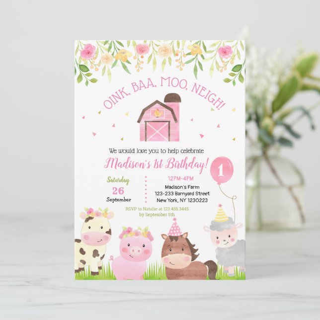 Farm Barnyard 1st Birthday Party Invitations Girl (Standing Front)