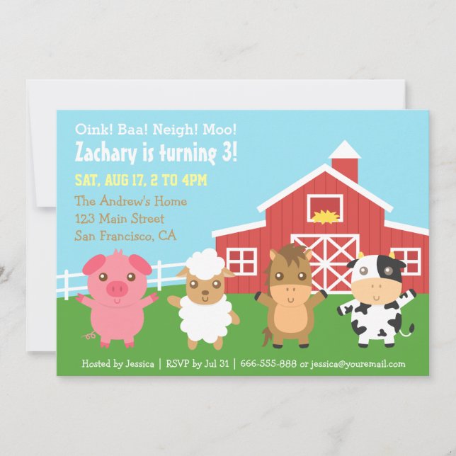 Farm Barnyard Animal Birthday Party Invitations (Front)