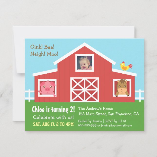 Farm Barnyard Animal Photo Birthday Party Invitation (Front)