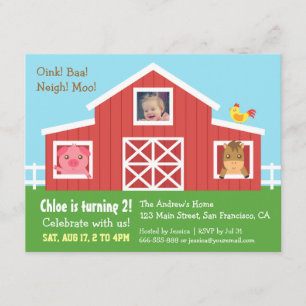 Farm Barnyard Animal Photo Birthday Party Invitation