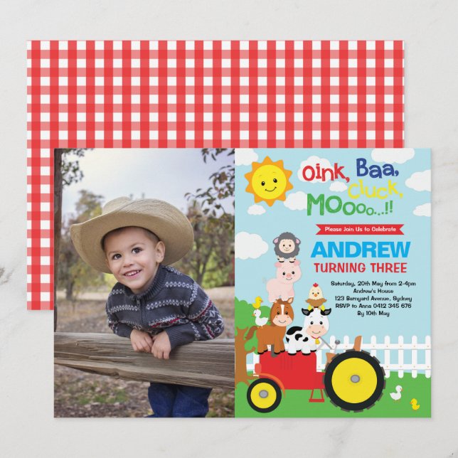 Farm Barnyard Animals Birthday Petting Zoo Photo Invitation (Front/Back)
