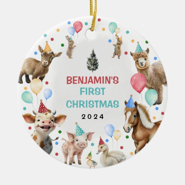 Farm Barnyard Animals Confetti Baby 1st Christmas Ceramic Tree Decoration (Front)