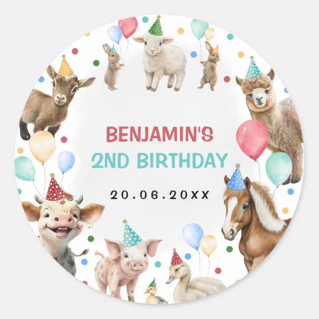 Farm Barnyard Animals Confetti Birthday Boy Classic Round Sticker (Front)