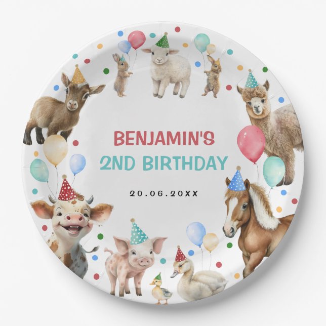 Farm Barnyard Animals Confetti Birthday Boy Paper Plate (Front)